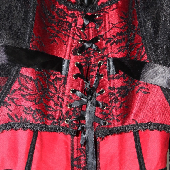 Red and Black Satin Lace Corset Bustier with Garters. Sz. 4XL - Picture 6 of 8